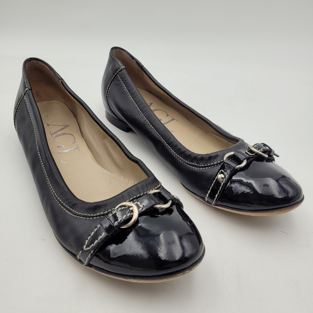 Agl Ballet Flats Size 8.5 Black Leather & Patent Cap Toe Buckle Eur 38.5